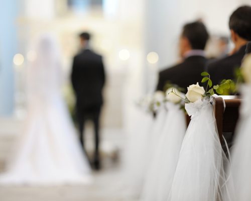 Beautiful flower wedding decoration in a church